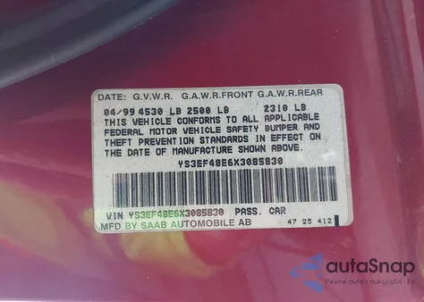 1999 Saab 9-5 Se z USA, uszkodzony, nr VIN YS3EF48E6X3085830